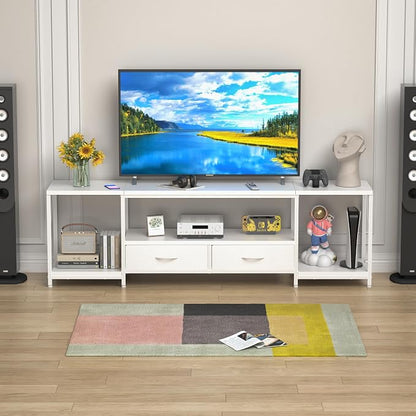 GYIIYUO TV Stand with Fabric Drawers for 55 60 65 Inches TV - Entertainment Center and Industrial TV Console Table with Open Storage Shelves for Living Room, Bedroom - 55.1" White
