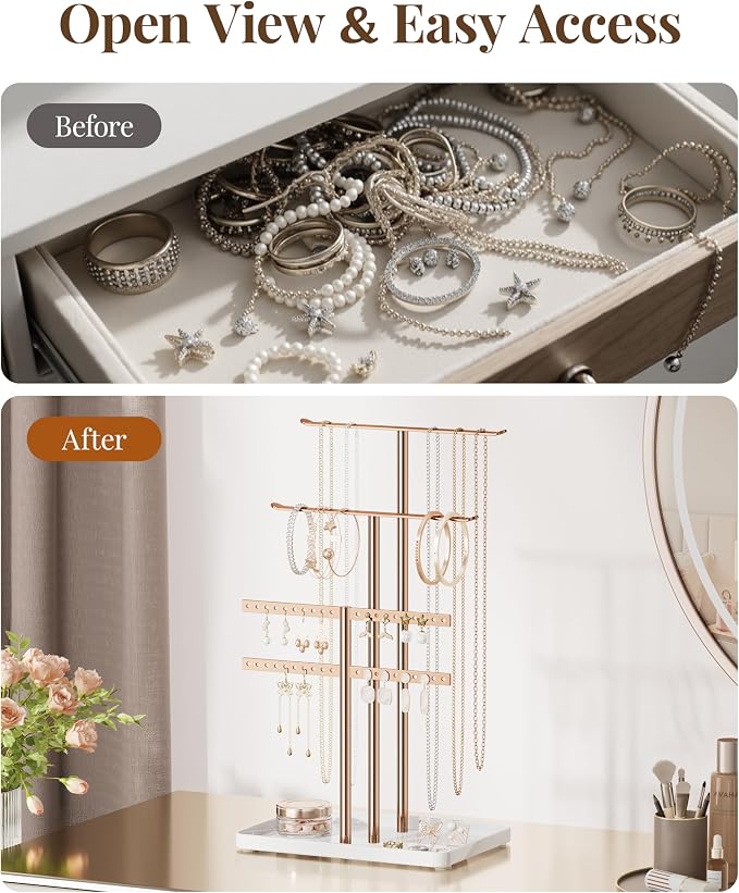 pickpiff Rose Gold Jewelry Stand Holder Organizer: 14.5" Sturdy Hanger for 80 Pcs Jewelry, Jewlery Tower for Display Necklace, Earring, Bracelet, Watch