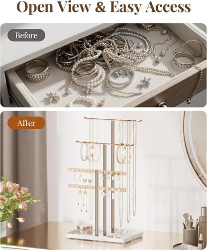 pickpiff Rose Gold Jewelry Stand Holder Organizer: 14.5" Sturdy Hanger for 80 Pcs Jewelry, Jewlery Tower for Display Necklace, Earring, Bracelet, Watch