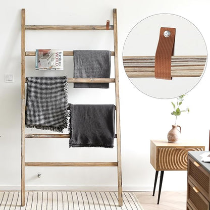 FUIN Extra Wide 6.4ft Wooden Blanket Ladder Living Room Decorative Wal Leaning Farmhouse Quilt Display Holder Rustic Wood Towel Rack for Bathroom, Burnt Brown, 38 inch Wide