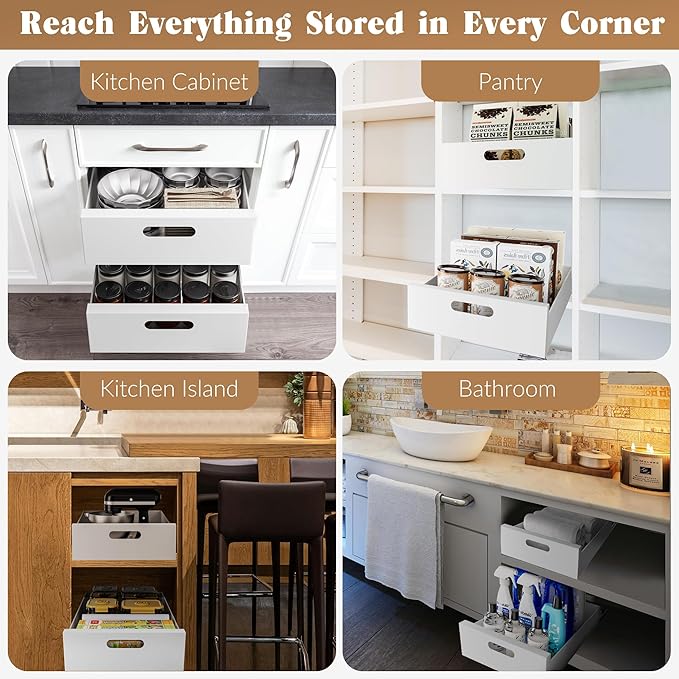 HBL' 2 Pack | 21" Deep Pull Out Cabinet Organizer Adhesive, 10-Inch Wide Sturdy Carbon Steel Roll-Out Drawers, Designed for Frameless Cabinets, Slide-Out Shelves for Pantry.