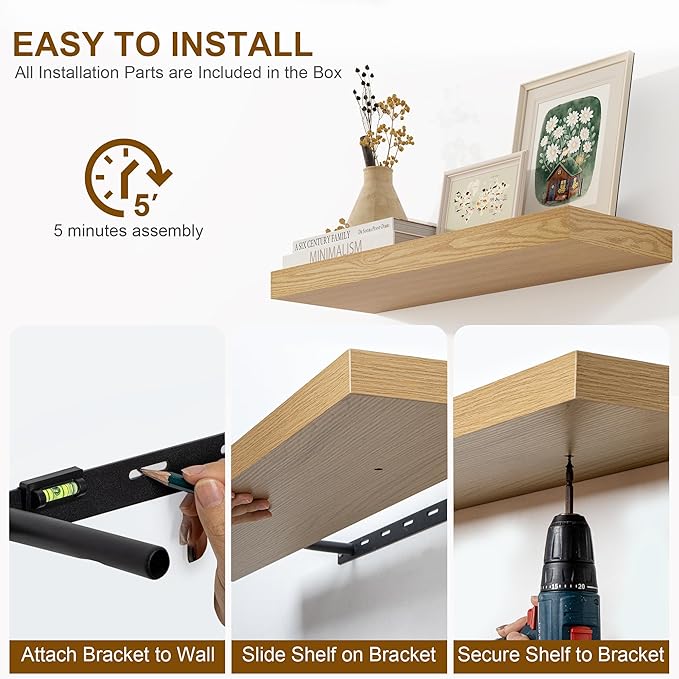 Fun Memories Floating Shelves for Wall, 48Inch Long Floating Shelves Set of 1, Hanging Shelf with Invisible Brackets, Wood Shelves for Living Room, Bedroom, Kitchen, Oak