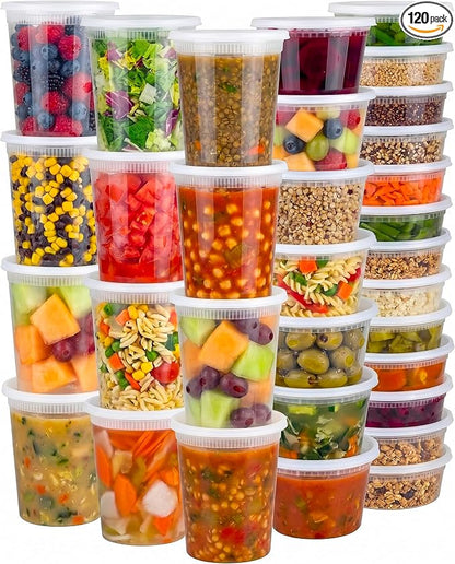JoyServe 120 Sets Deli Containers with Lids – 8oz, 16oz & 32oz – Leak Proof, Microwaveable, Dishwasher & Freezer Safe – Plastic Food Storage & Soup Containers