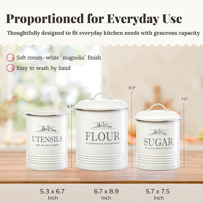 noonberry Kitchen Canisters for Countertop - 3-Piece Airtight Canister Set for the Kitchen Counter with Utensil Holder - Flour Sugar Containers - Cream-White Magnolia Finish