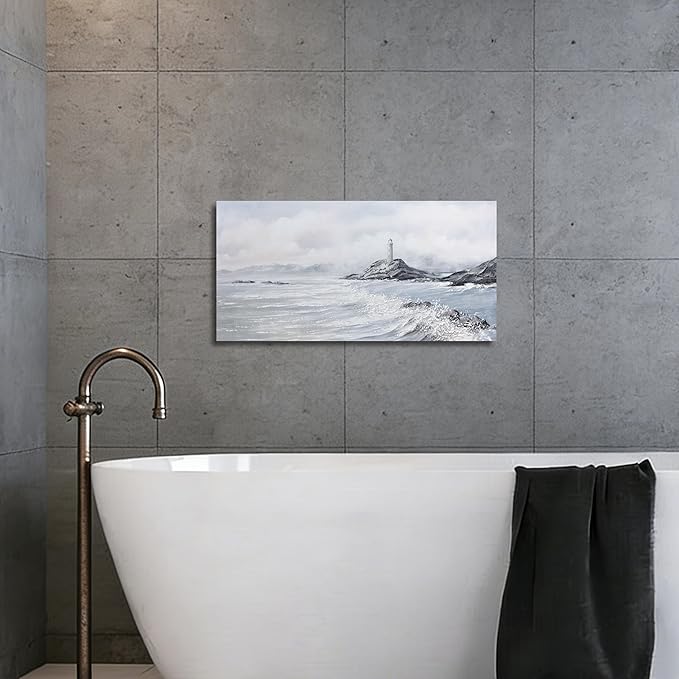 Belmrxne Coastal Wall Art White and Grey Bathroom Wall Decor Moden Aesthetic Artwork Fashion Small Canvas Painting for Hallway Entryway Living Room Bedroom 12x24 Inches