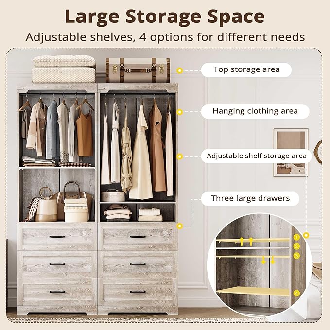 IRONCK Freestanding Closet System with 3 Wood Drawers, Modern Armoire Wardrobe with Adjustable Shelves & Hanging Rod, Walk-in Closet Systems Organizer, Rustic Maple