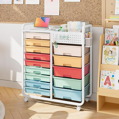 Rolling Storage Cart with 14 Drawers, Storage Organizer Cart with Tabletop and Pegboard,Utility Cart for Living Room, Classroom, Bedroom,Bathroom,Dorm,Office (Rainbow)