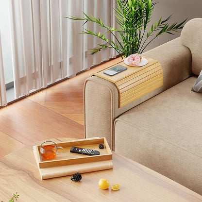Bestjing Bamboo Sofa Armrest Tray Table for Couch - 2-in-1 Couch Arm Table with Be Slide Detachable Tray- Anti-Slip Foldable Sofa Armchair Caddy for Drinks Cellphone TV Remote Snacks (Bamboo)