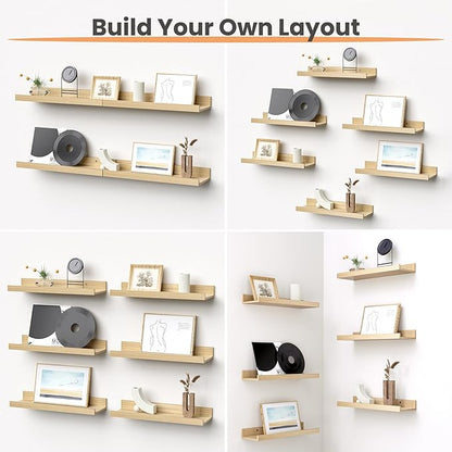 upsimples Floating Shelves for Wall, Wall Shelves for Decor Storage Set of 6, Wall Mounted Wood Shelf for Bedroom, Living Room, Bathroom, Kitchen, Picture Ledge Shelves, Natural