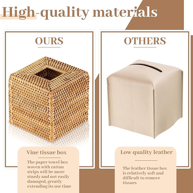 Kigley 1 Pcs Square Rattan Tissue Box Cover Boho Wicker Tissue Cube Box Cover 5.5'' x 5.5'' x 5.5'' Decorative Natural Wicker Hand Woven Napkin Box Holder Bathroom Office Car Accessories (Wood)