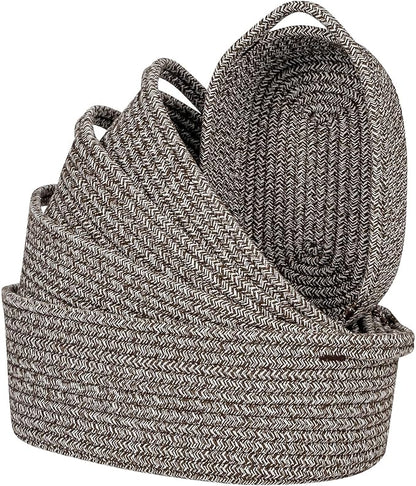 CubesLand Small Cotton Rope Storage Basket Set 5, Shelves Baskets for Organizing with Handle, Decorative Closet Storage Bins for Countertop Toilet Paper Basket for Toilet Tank Top,Mixed Brown Basket