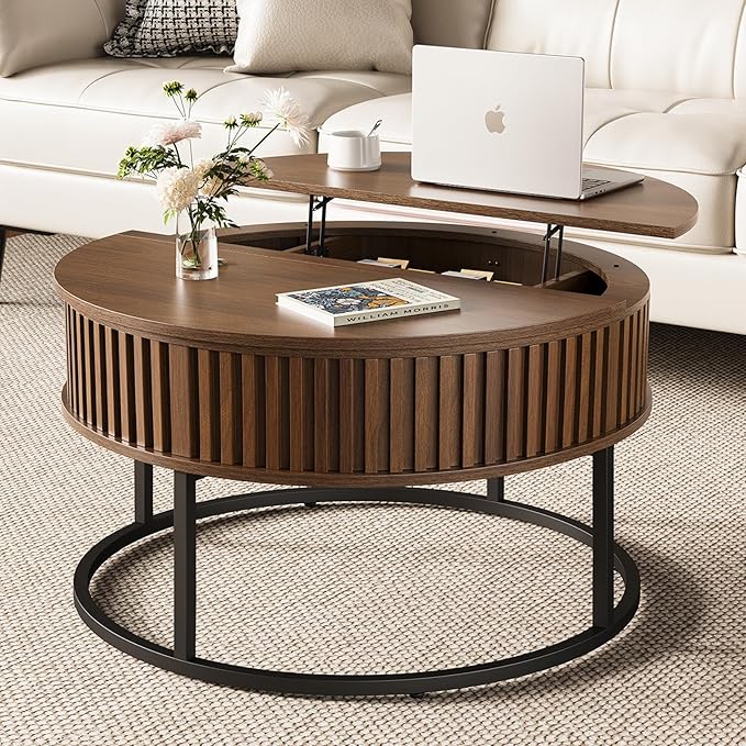 Round Coffee Table with Lift Top - Fluted Wood Center Coffee Tables for Living Room, Lifting Up for Dining, Large Hidden Circle Storage Compartment for Small Spaces, Mid Century Modern, Walnut