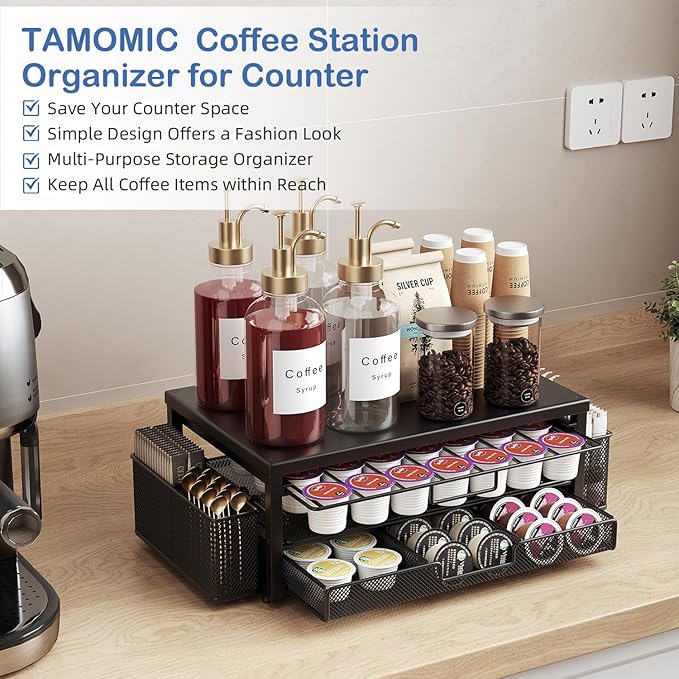 Metal Coffee Pod Holder for 80 Capsules with Storage Drawer & 2 Accessory Holders,2 Tier K Cup Holder Organizer for Countertop,Black