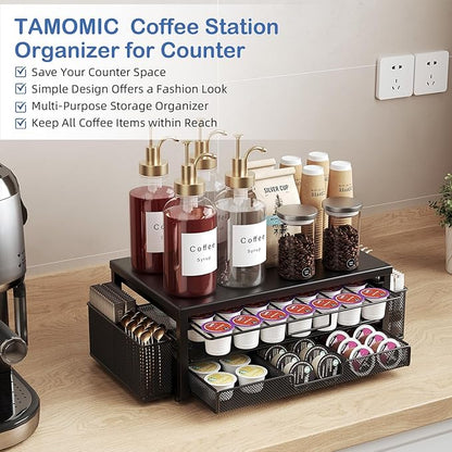 Metal Coffee Pod Holder for 80 Capsules with Storage Drawer & 2 Accessory Holders,2 Tier K Cup Holder Organizer for Countertop,Black