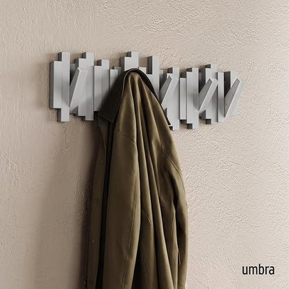 Umbra Sticks Wall-Mounted Coat Rack Rail Hook with 5 Retractable Pegs – Modern, Space-Saving Storage Organizer, Grey