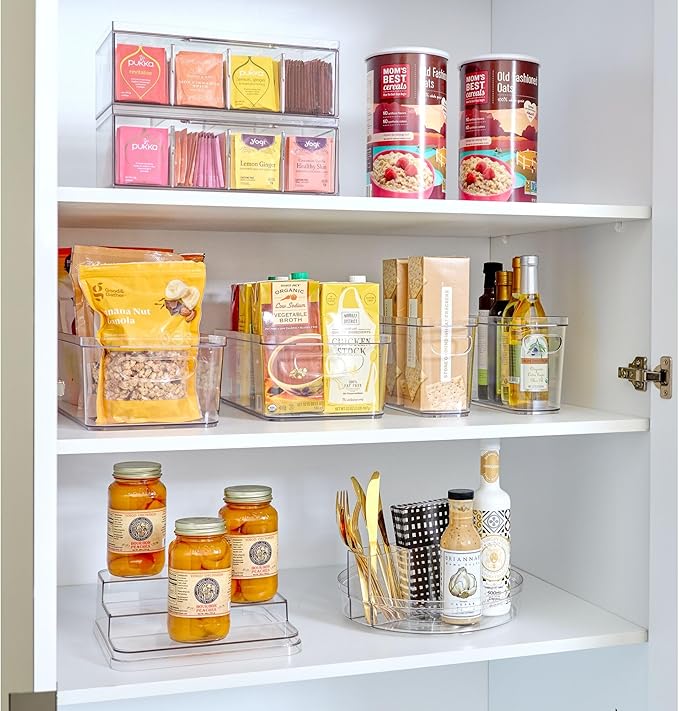 iDesign XL Tea Bag Organizer for Counter, 4-Section Clear Stackable Tea Storage Drawer for Cabinet