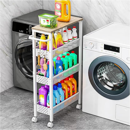 Vivihomety Utility Slim Storage Cart, 4 Tier Small Rolling Kitchen Laundry Room Cart with Wood Top, Metal Bathroom Storage Cabinet Mobile Shelf Unit Organizer Trolley with Handle for Narrow Space