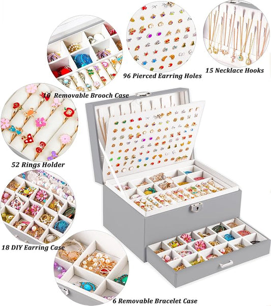 QBestry Earring Jewelry Box for Women Girls Stud Organizers, 5 Layers Grey Jewelry Organizer Box with Lock Necklaces and Earrings Holder Jewelry Box with Earring Organizer for Women Girls Xmas Gifts