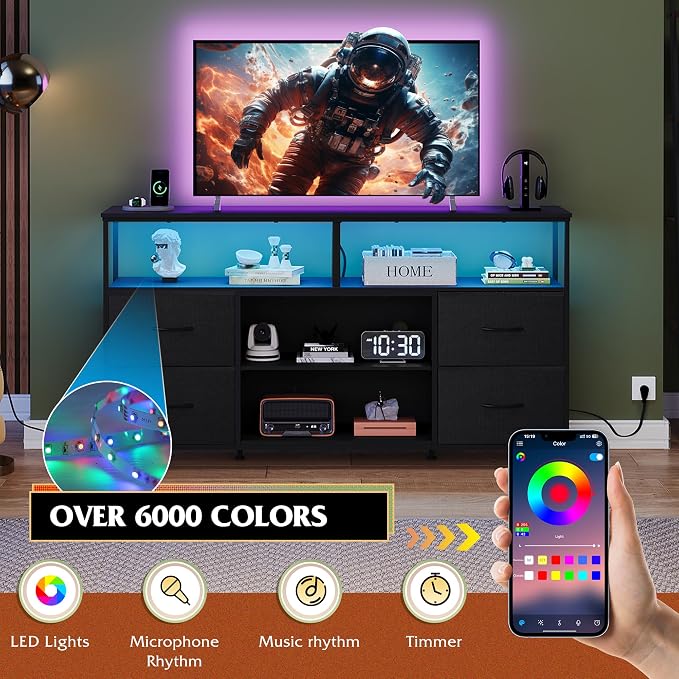 WLIVE TV Stand Dresser for 50,55,60 inch TV, Entertainment Center with LED Lights & Fabric Drawers, Dresser TV Stand for Bedroom and Living Room with Open Shelves, Black