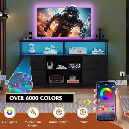 WLIVE TV Stand Dresser for 50,55,60 inch TV, Entertainment Center with LED Lights & Fabric Drawers, Dresser TV Stand for Bedroom and Living Room with Open Shelves, Black