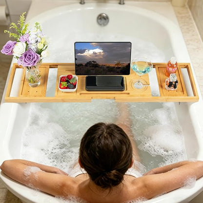 Utoplike Bamboo Bathtub Tray Caddy for Tub, Adjustable Bath Tray Bathroom Organizer with Book Tablet Wine Glass Cup and 2 Sliding Towel Holder