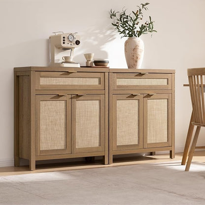 SICOTAS Buffet Cabinet Sideboard with Storage, Rattan Accent Cabinet with Doors Drawer, Boho Credenzas Farmhouse Buffet Table Console Coffee Bar Cabinets for Entryway Living Room, Natural Oak