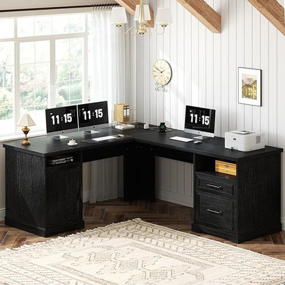 Unikito Farmhouse L Shaped Executive Desk with File Drawers, 60" Corner Computer Desk with Power Outlets, Large 2 Person Home Office Table with Storage Cabinet, Sturdy Writing Desk, Black