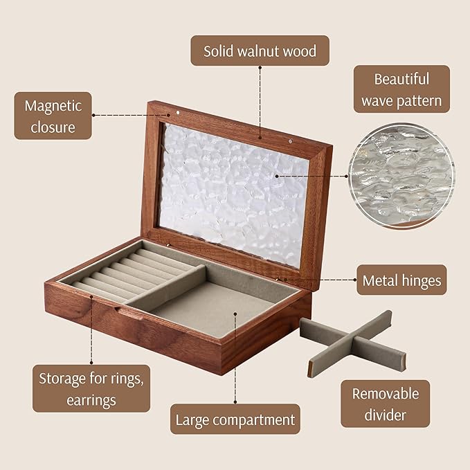 Wooden Jewelry Box for Women, Medium Size Natural Solid Walnut Wood Vintage Trinket Organizer with Large Storage, Ring Compartments, Built in Necklace Hooks, Glass Lid, ek06-m-walnut