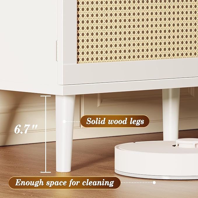 SUPERJARE TV Stand for 65 Inch TV, Entertainment Center with Adjustable Shelf, Rattan TV Console with 2 Cabinets, Media Console, Solid Wood Feet, 4 Cord Holes, for Living Room, White