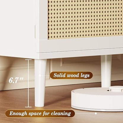 SUPERJARE TV Stand for 65 Inch TV, Entertainment Center with Adjustable Shelf, Rattan TV Console with 2 Cabinets, Media Console, Solid Wood Feet, 4 Cord Holes, for Living Room, White