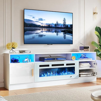 MXV 78" Fireplace TV Stand with Power Outlet for TVs UP to 90", Electric Fireplace Entertainment Center with LED Lights & Storage Cabinets, TV Console for Living Room, Office, White-White