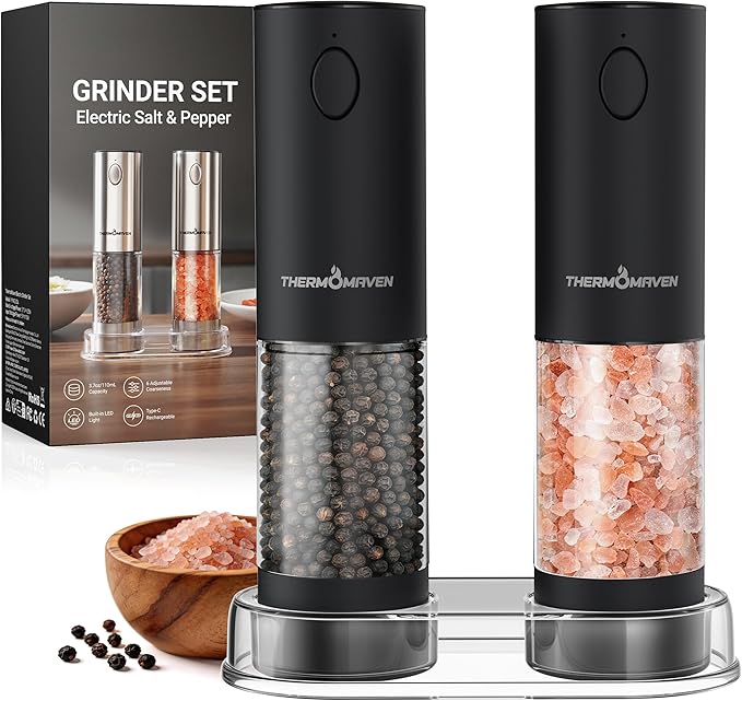 ThermoMaven Electric Salt and Pepper Grinder Set, 110ml Larger Rechargeable Automatic Salt and Pepper Mill Grinder with 6 Adjustable Coarseness, Electric Salt and Pepper Shakers, LED, Midnight Black