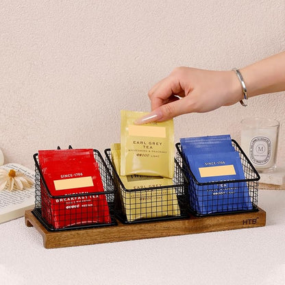 HTB Tea Organizer for Tea Bags, Tea Bag Holder with Acacia Wood Stand and 3 Removable Metal Basket for Sugar Packets, Sweeteners, Creamers for Cabinet, Countertop