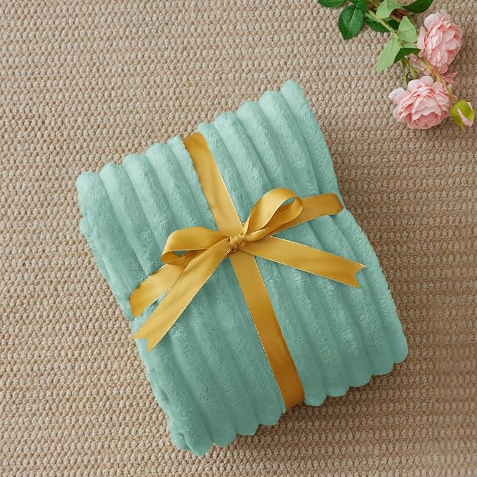 BEDELITE Twin Blanket for Couch & Bed, 300GSM Soft & Warm Fleece Blanket, Decorative and Giftable Striped Mint Blue Blankets for Women, Men, 60"x80"