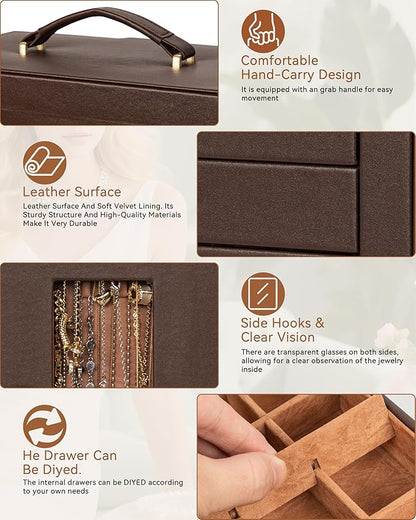 AKOZLIN 360° Rotating Jewelry Box 6-Tier Organizer Functional Jewelry Storage Case for Women Girls Ring Necklace Earring Bracelet Holder with Mirror Brown