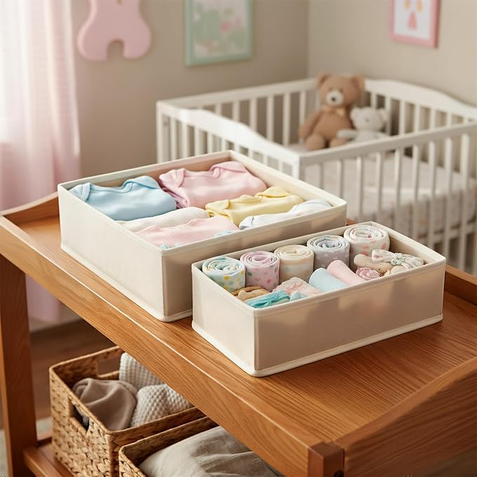 Underwear Drawer Organizer, 2 Pack, Khaki | Foldable Fabric Storage Bins, For Dresser & Closet, Sock and Bra Dividers, 2 Sizes, Bedroom Organization