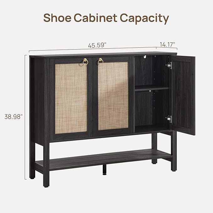 SICOTAS Shoe Cabinet with Storage - 30 Pairs Rattan Shoe Organizer with Adjustable Shelves & 3 Doors, Boho 46'' Wide Shoe Rack Cabinet for Entryway, Hallway, Living Room (Obsidian)