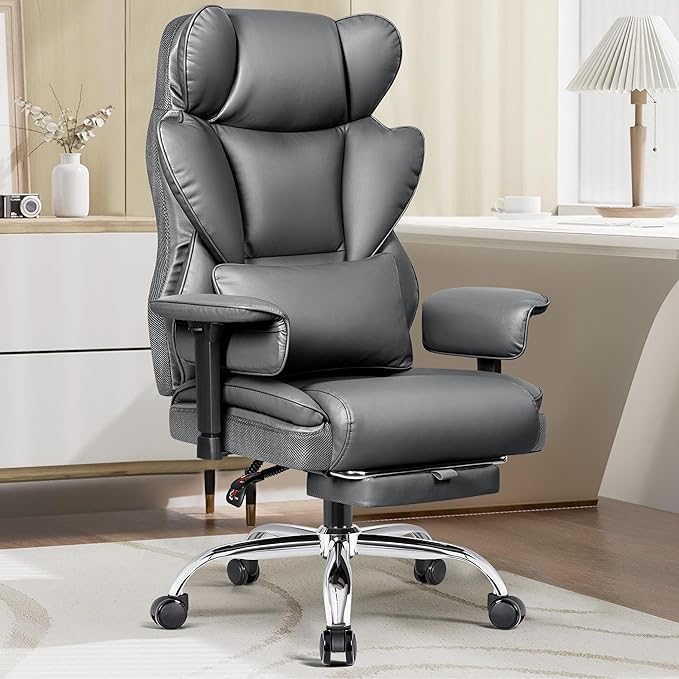 Big and Tall Office Chair - High Back Executive Chair with Footrest & Lumbar Support for Heavy People, Adjustable Arms, Padded Wide Seat Computer Gaming Chair, Heavy Duty, Gray