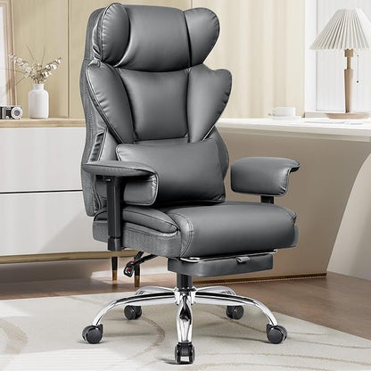 Big and Tall Office Chair - High Back Executive Chair with Footrest & Lumbar Support for Heavy People, Adjustable Arms, Padded Wide Seat Computer Gaming Chair, Heavy Duty, Gray