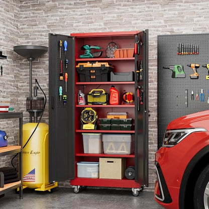 Aobabo Metal Garage Storage Cabinets with Wheels,Steel Cabinets with 5 Adjustable Shelves for Garage Home Office Storage, Red-Black,Assembly Required