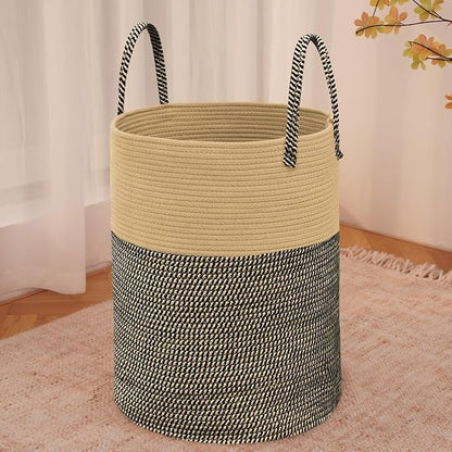 JMvicyroam Large Woven Laundry Basket Hamper,100L Cotton Rope Storage Bin for Blankets,Toys and Clothes,Decorative Tall Nursery Hamper for Living Room,Baby Nursery,Bathroom and Bedroom,Brown and Black