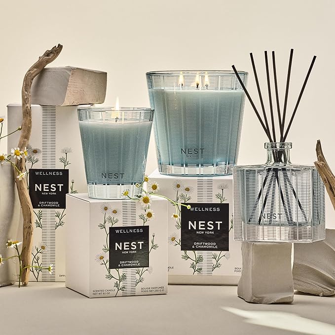 NEST New York Reed Diffuser, Driftwood & Chamomile - The Wellness Collection - 5.9 fl oz - Fragrance for Up to 90 Days - Reusable, Refillable Glass Holder - Includes 8 All-Natural Reed Sticks