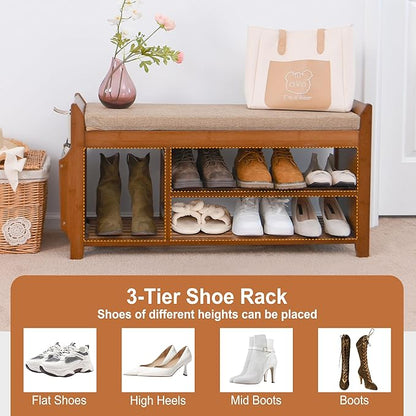 Shoe Bench with Hidden Drawer and Side Holder, 2 Tier Entryway Bench with Storage 39.4 in, Bamboo Shoe Rack with Cushion for Entryway Hallway Living Room Bedroom