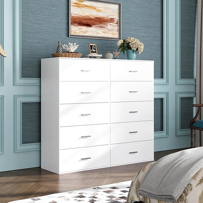 WLIVE Tall Dresser for Bedroom, Wood Chest of Drawers with Mental Handles, White Bedroom Dresser with 5 Drawers, Modern Minimalist Closet Store Organizer for Living Room, Hallway