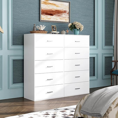 WLIVE Tall Dresser for Bedroom, Wood Chest of Drawers with Mental Handles, White Bedroom Dresser with 5 Drawers, Modern Minimalist Closet Store Organizer for Living Room, Hallway
