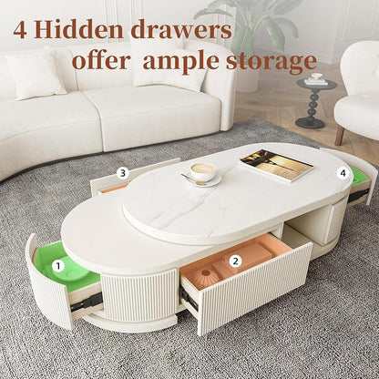Modern Marble Coffee Table with Storage Drawers, Extendable Solid Wood Coffee Tables for Living Room, Fully Assembled Fluted Oval Center Table, No Installation Needed, White Finish