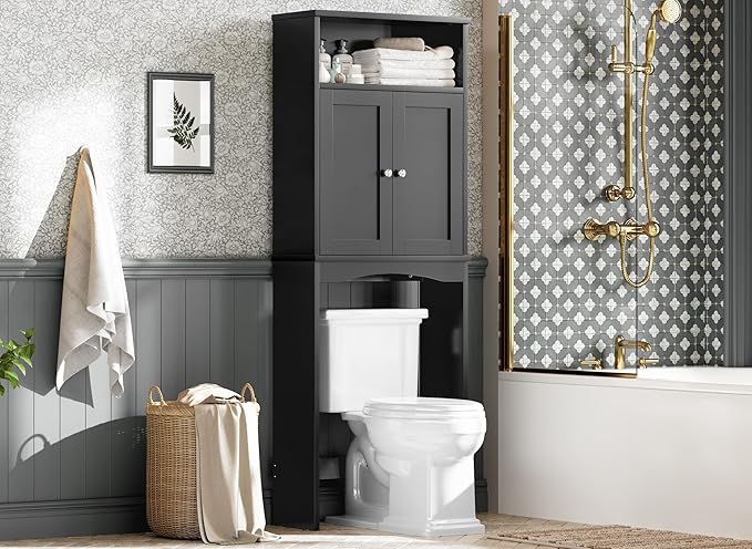 Over The Toilet Storage Cabinet, Over Toilet Bathroom Organizer with Adjustable Shelf and Double Door, Over The Toilet Cabinet for Bathroom Storage Over The Toilet Bathroom Organizer, Black