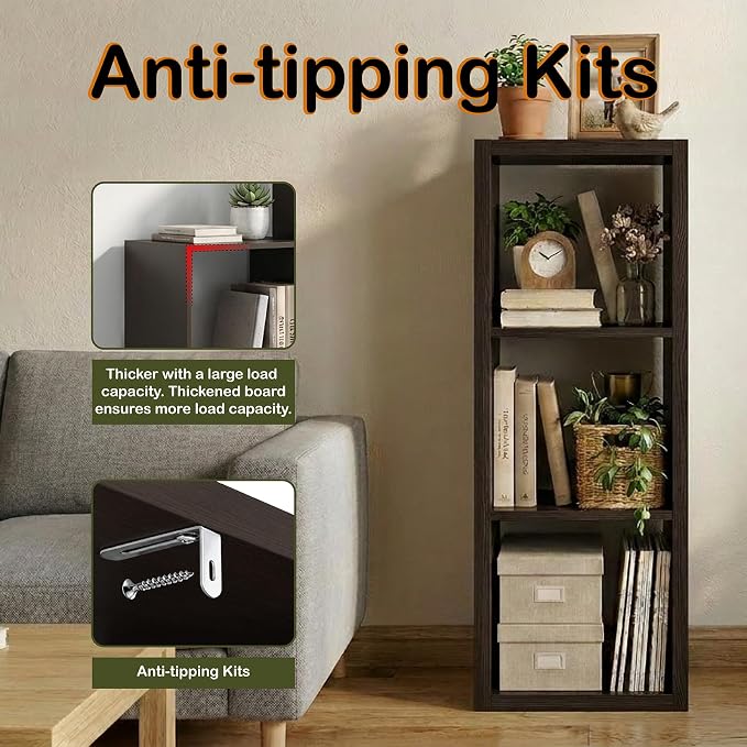 WannabeMyself【2026 Wooden Thick Frame】 3 Cube Storage Organizer with Anti-Tipping Kits, Reversible Open Back Book Shelf,Bookcase for Living Room,Bedroom,Entrance Hall,Office,11.6×36.3×13.1,Chocolate