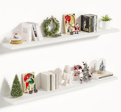 Vivelove 10 in Deep Floating Shelves for Wall, 55" x 10.2" x 1.5" Shelves for Room Wall Mounted, 1.5 Inch Thick Shelf for Bathroom Bedroom Kitchen Book Room, Modern Farmhouse Decor, Set of 2, White