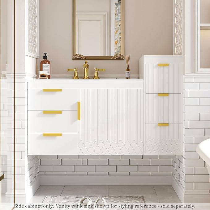 12 Inch Floating Bathroom Side Cabinet, Wall Mounted Bathroom Storage Cabinet with 3 Drawers, Modern Slim Organizer with Decor Line, Gold Metal Pulls
